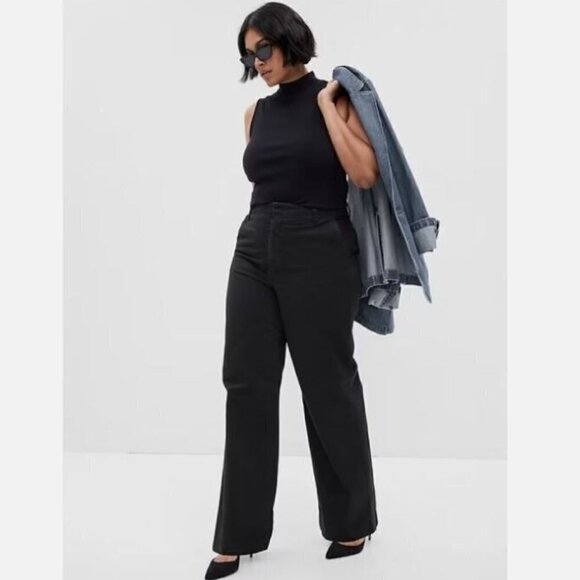 GAP Mid Rise Loose BOHO Wide Leg Khakis Black 12 TALL 100% Cotton RT$80 **READ** - Picture 1 of 14